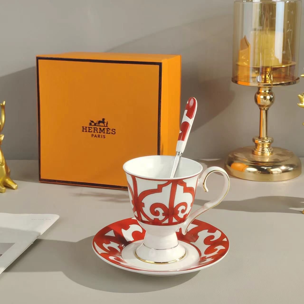 Hermes Bone China Coffee High foot Trophy 3-piece set vintage - Image 6 of 6